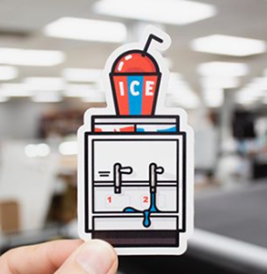 Die cut sticker with image of icee machine