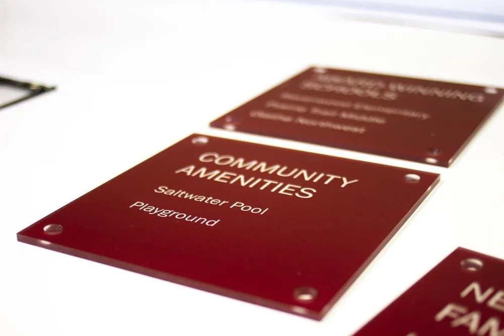 Square maroon acrylic sign